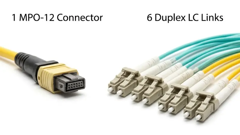 Comparison of one MPO-12 connector and six duplex LC fiber links