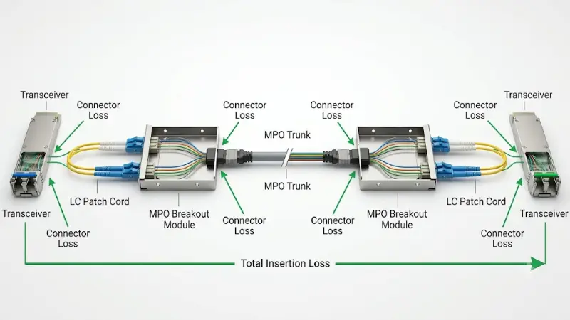 MPO breakout module fiber channel link budget and insertion loss diagram MPO breakout module fiber channel link budget and insertion loss diagram