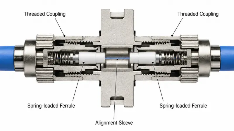 Technical image showing how an FC fiber connector uses threaded coupling and ferrule alignment to create a stable optical connection Technical image showing how an FC fiber connector uses threaded coupling and ferrule alignment to create a stable optical connection