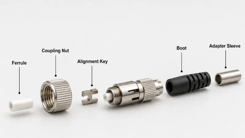 Labeled photorealistic diagram of the main parts of an FC fiber connector, including ferrule, coupling nut, alignment key, boot, and adapter sleeve Labeled photorealistic diagram of the main parts of an FC fiber connector, including ferrule, coupling nut, alignment key, boot, and adapter sleeve
